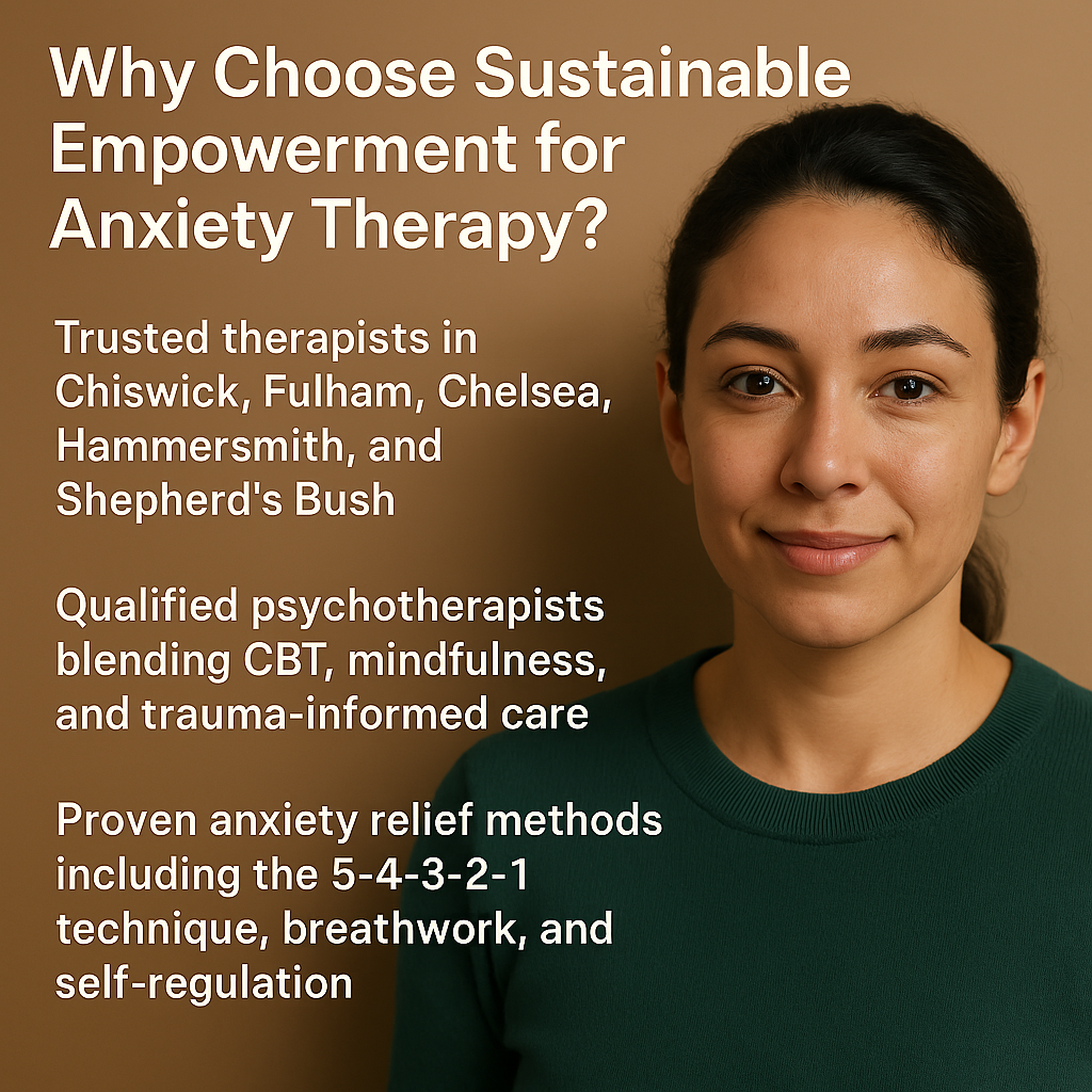 A calm and confident woman stands against a warm beige background. On the left side, text highlights anxiety therapy services available in Chiswick, Fulham, Chelsea, Hammersmith, and Shepherd’s Bush, provided by qualified psychotherapists using CBT, mindfulness, and trauma-informed methods.