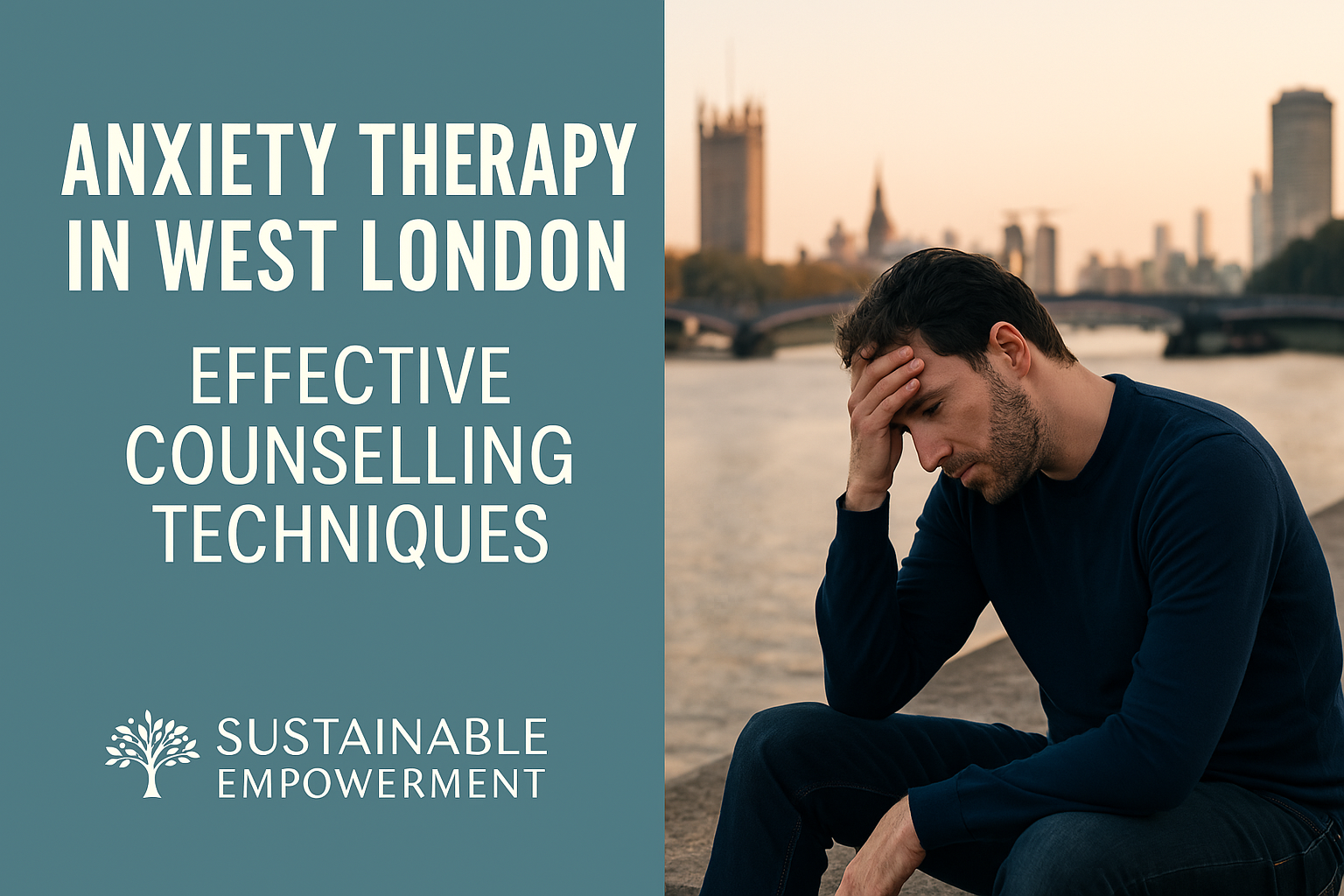 A distressed man sitting by the Thames in London, symbolizing anxiety and stress, alongside text promoting effective counselling techniques by Sustainable Empowerment.
