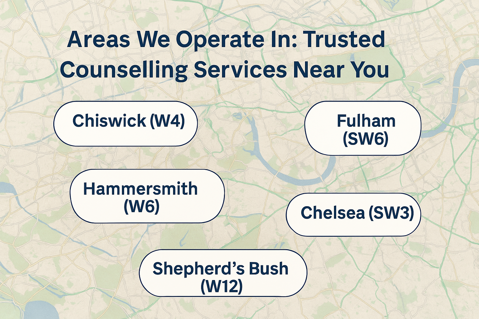 Map highlighting key West London areas including Chiswick, Fulham, Chelsea, Hammersmith, and Shepherd’s Bush, where trusted counselling services are available.