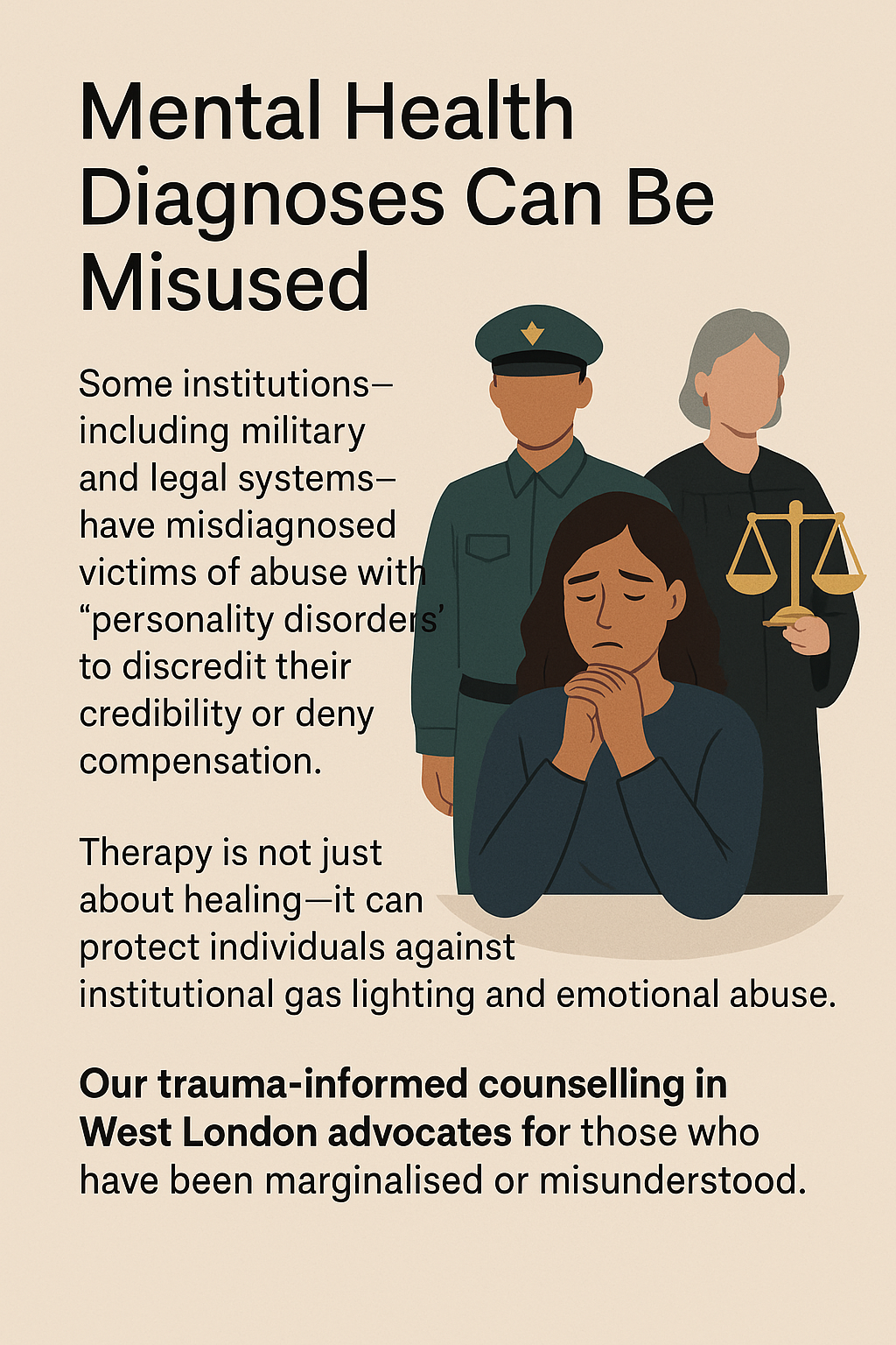 An illustrated graphic showing a distressed woman in front of figures representing the military and legal systems, highlighting the misuse of mental health diagnoses. Text explains how therapy can protect against institutional gaslighting and emotional abuse, with a call for trauma-informed counselling in West London.
