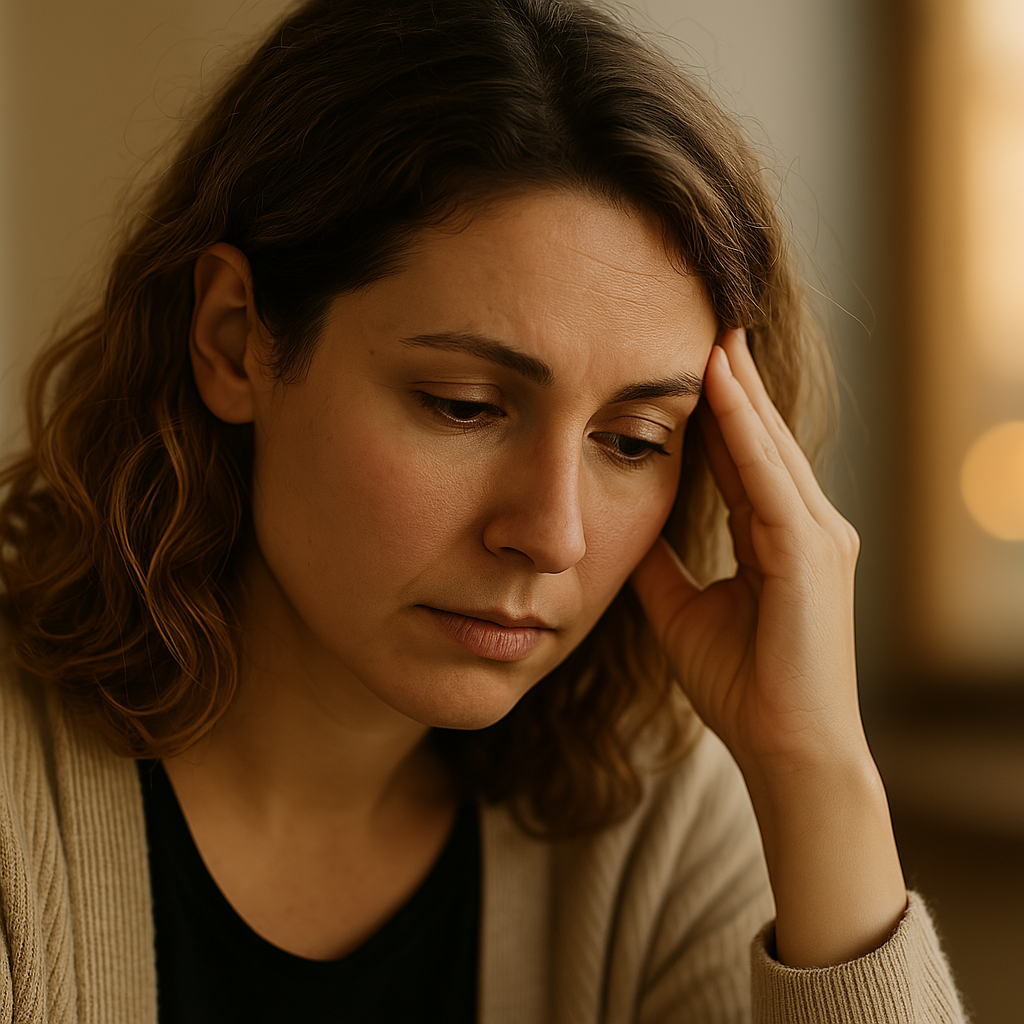 A woman sitting on a couch in a softly lit room, engaged in a thoughtful therapy session, symbolizing self-reflection and emotional healing.